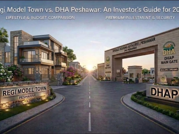 Comparison of Regi Model Town and DHA Peshawar entrance gates for real estate investors.