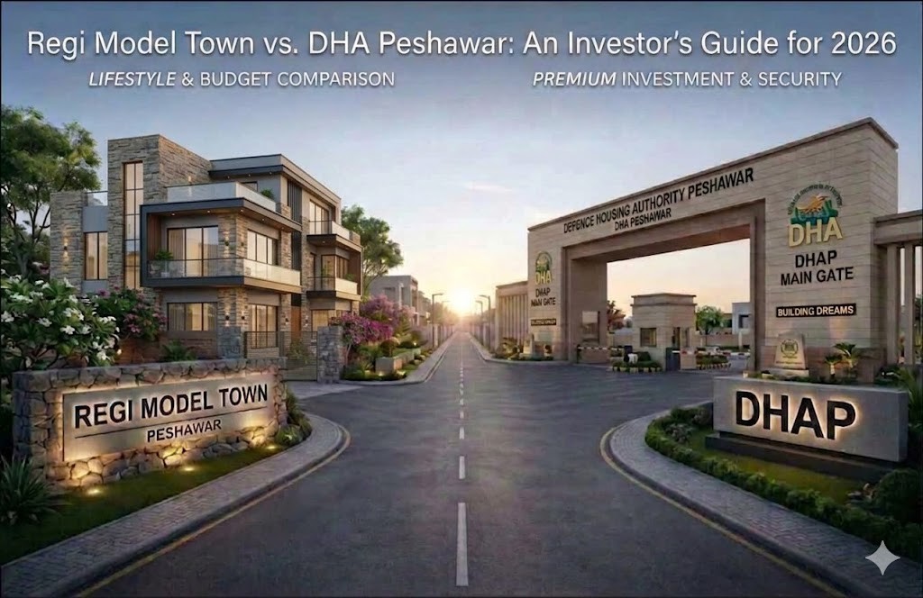 Comparison of Regi Model Town and DHA Peshawar entrance gates for real estate investors.